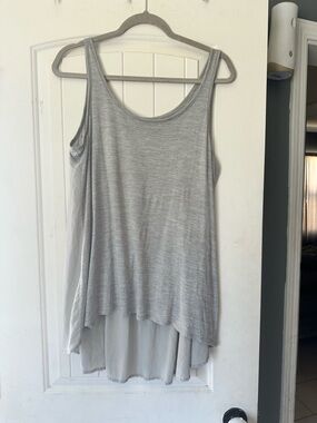 Eileen Fisher Silk Cotton Jersey Mixed Media Pleated Back Tank Top Grey M
